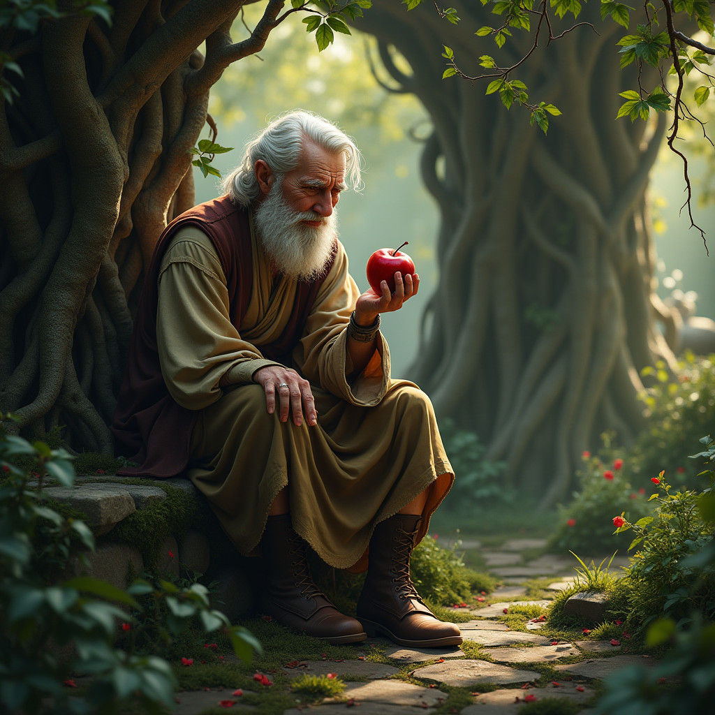 Elderly Man in Mystical Garden, Concept Art