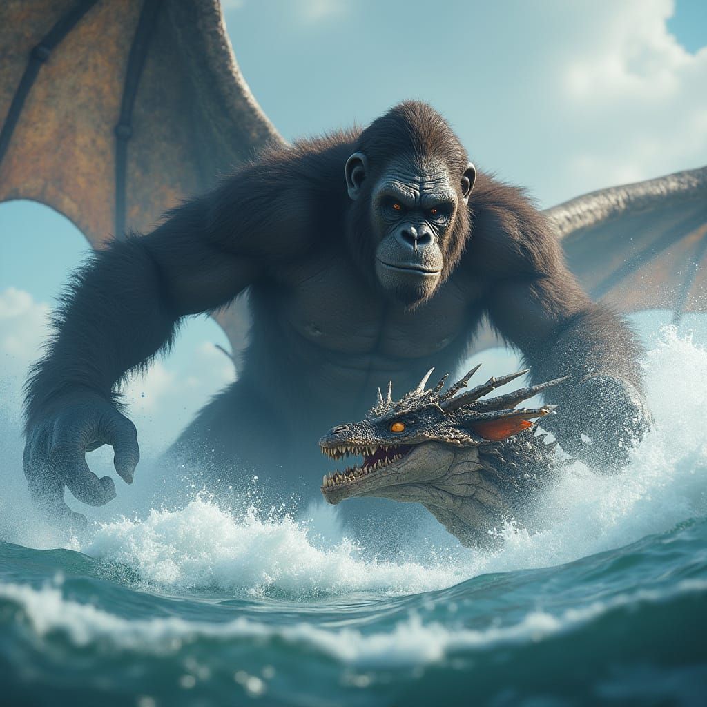 Epic Ape vs Dragon Battle in Turbulent Sea