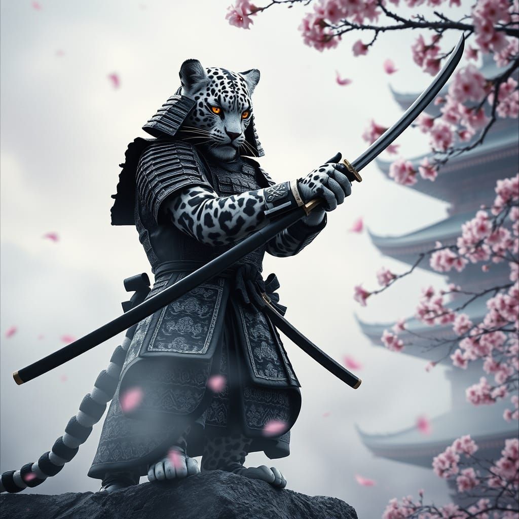 Snow Leopard Samurai Guarding Pagoda in Anime Style