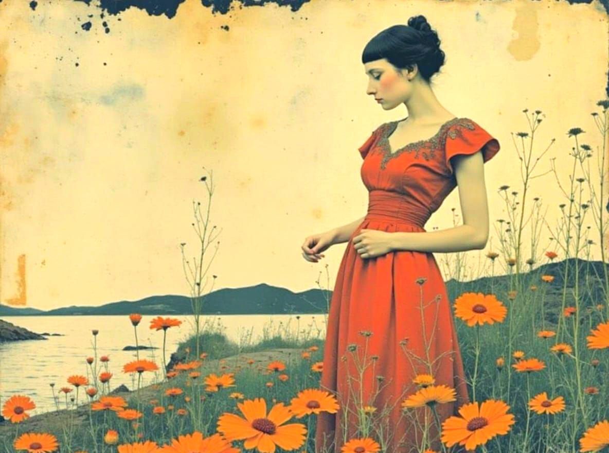 Woman with Floral Background in Art Nouveau Style