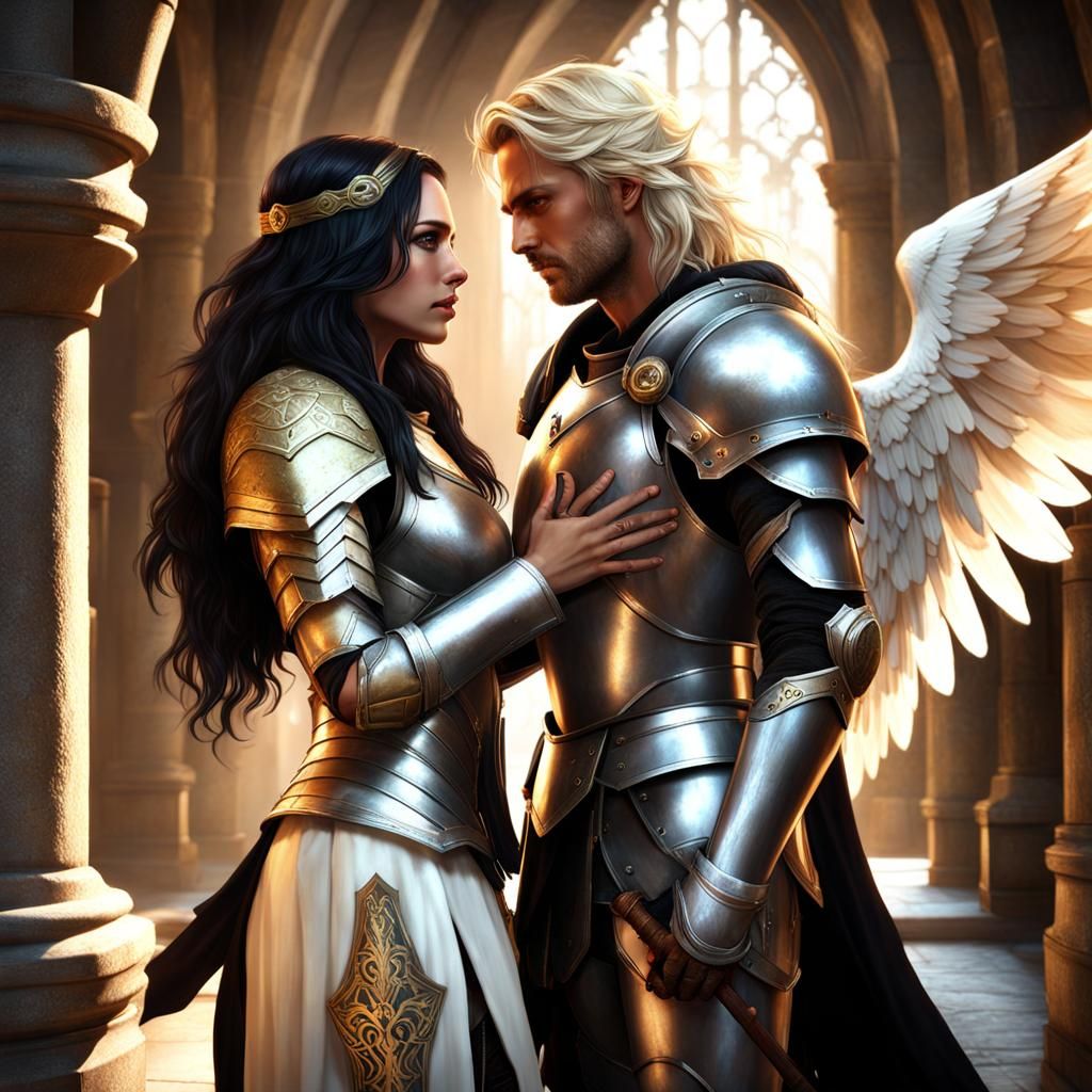 Woman and Angel Embrace in Detailed Matte Painting