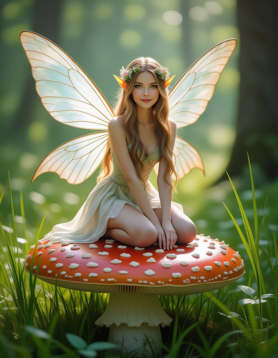 Woodland Fairy on Toadstool in Lush Forest