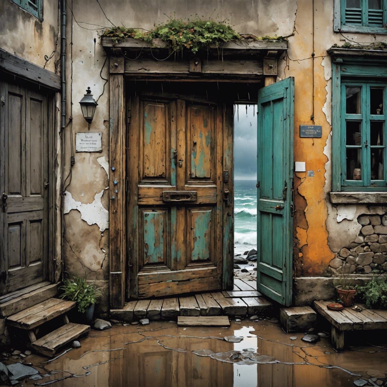 French Village Door in Storm, Watercolor Painting