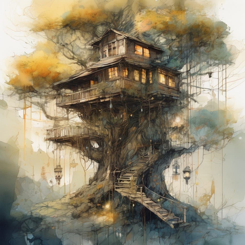 Whimsical Treehouse Sanctuary in Watercolor Fantasy Style