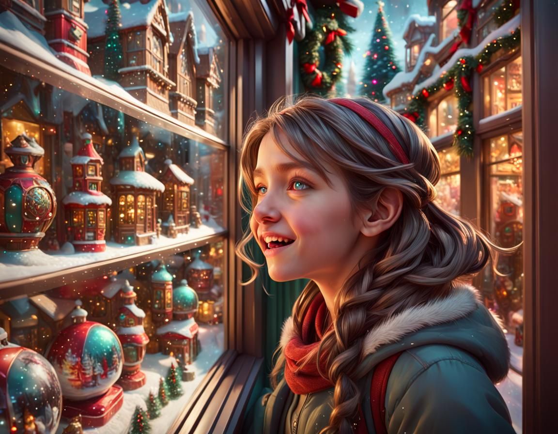 Girl Gazing at Christmas Toys, Hyperdetailed Portrait