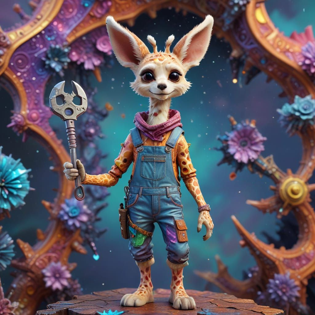 Whimsical Fennec Giraffe Hybrid Wields Wrench Among Vibrant ...
