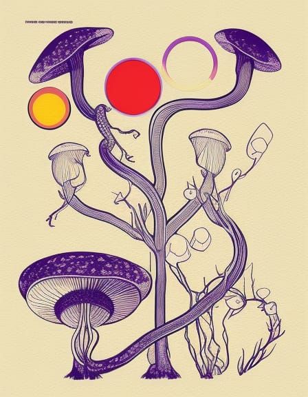 Mushroom and Snake in Forest: Pop Art Digital Print