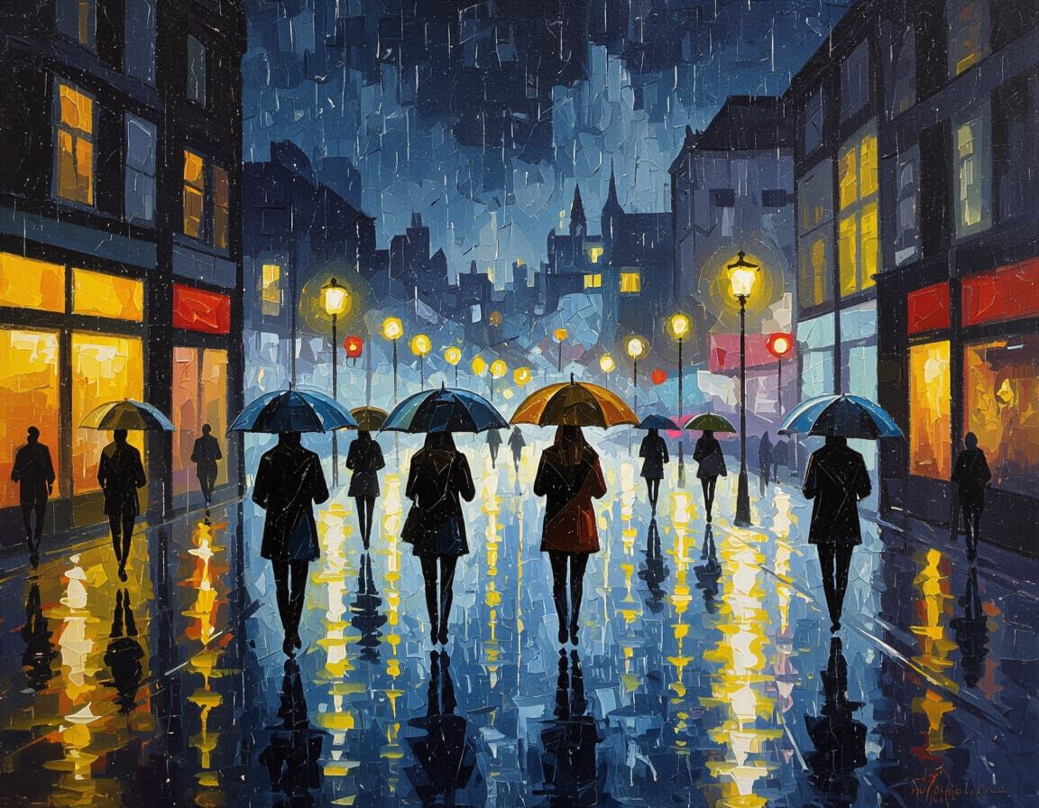 Pointillist City Street Scene at Night