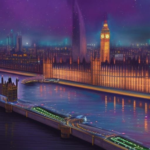 London by Night Landscape in Detailed Matte Painting