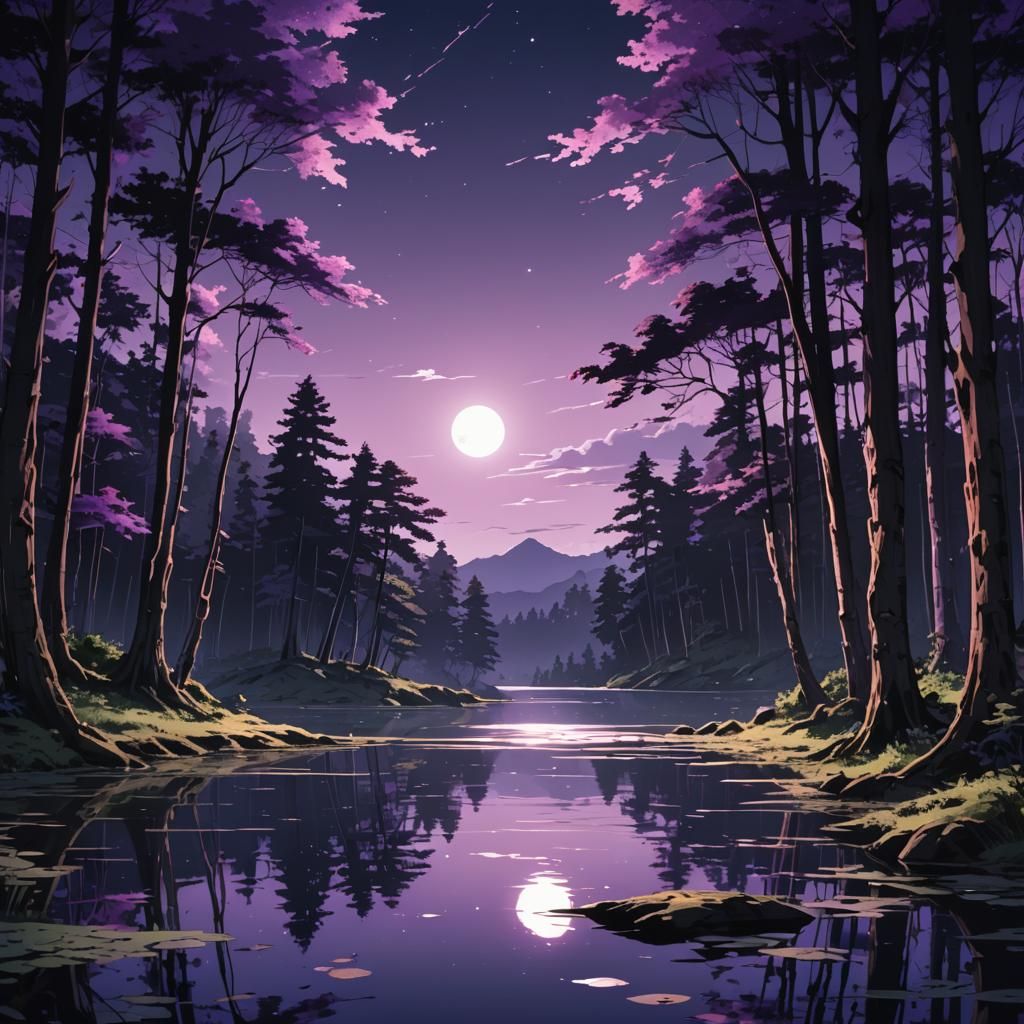 Moonlit Lake in Dark Forest, Cel-Shaded Anime Style