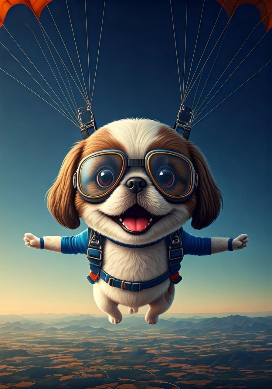 Skydiving Shih Tzu with Open Parachute