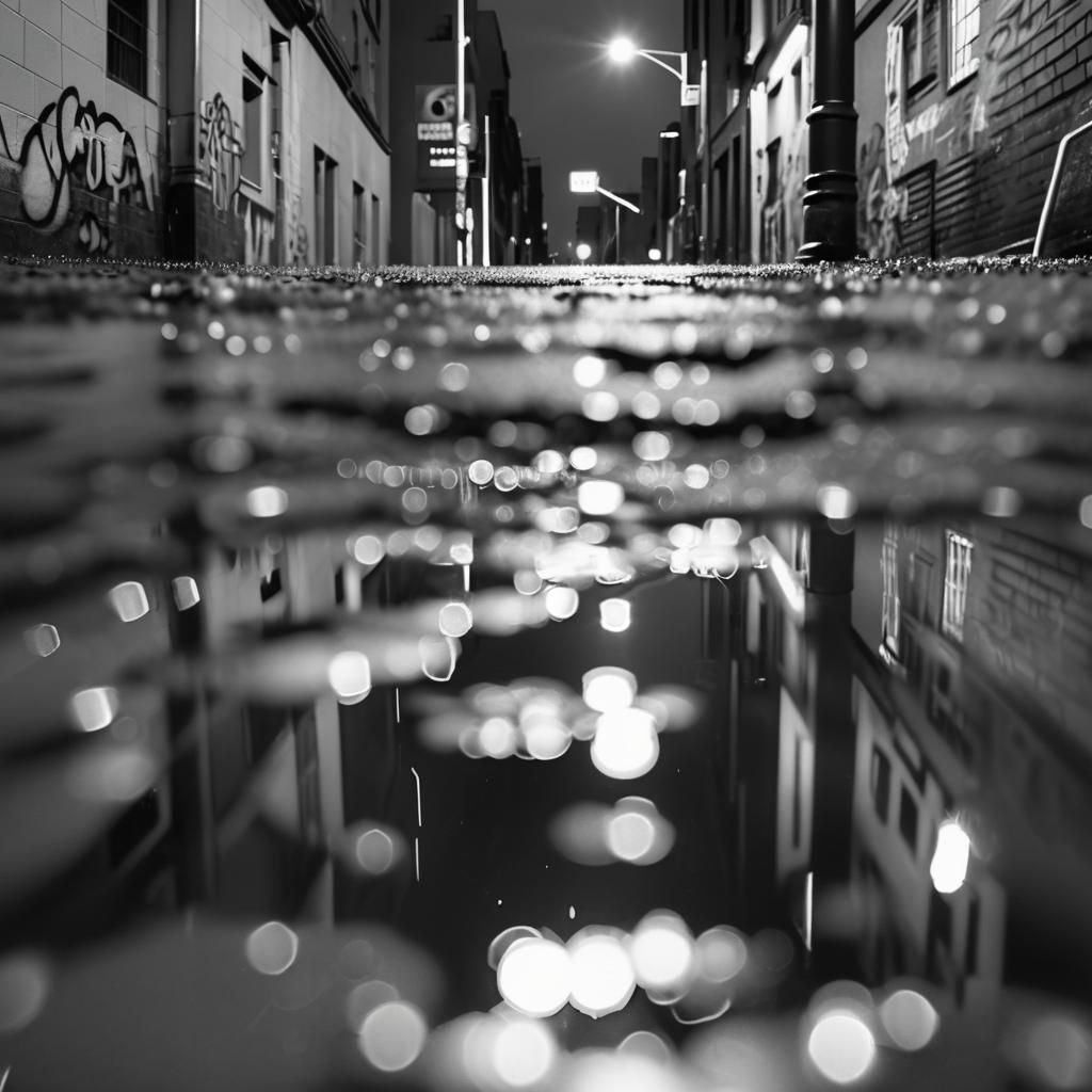 City Lights Reflected in Rain Puddle: Street Photography