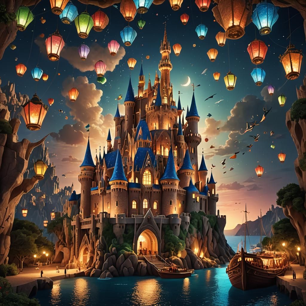 Gaudi Style Castle with Ships at Night