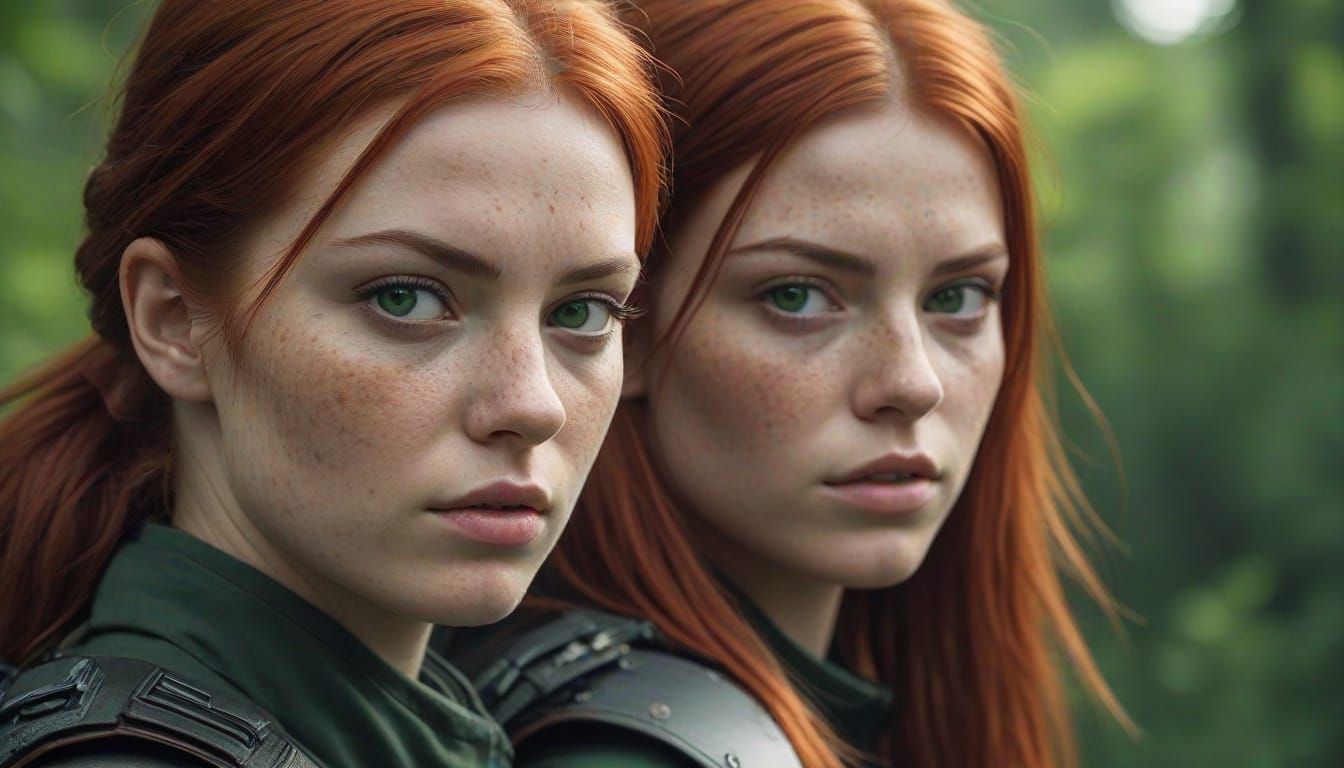 Cinematic Cat-Girl Twins with Red Hair