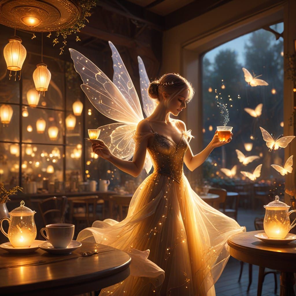 Enchanting Fairy Serving Tea in a Cozy Cafe