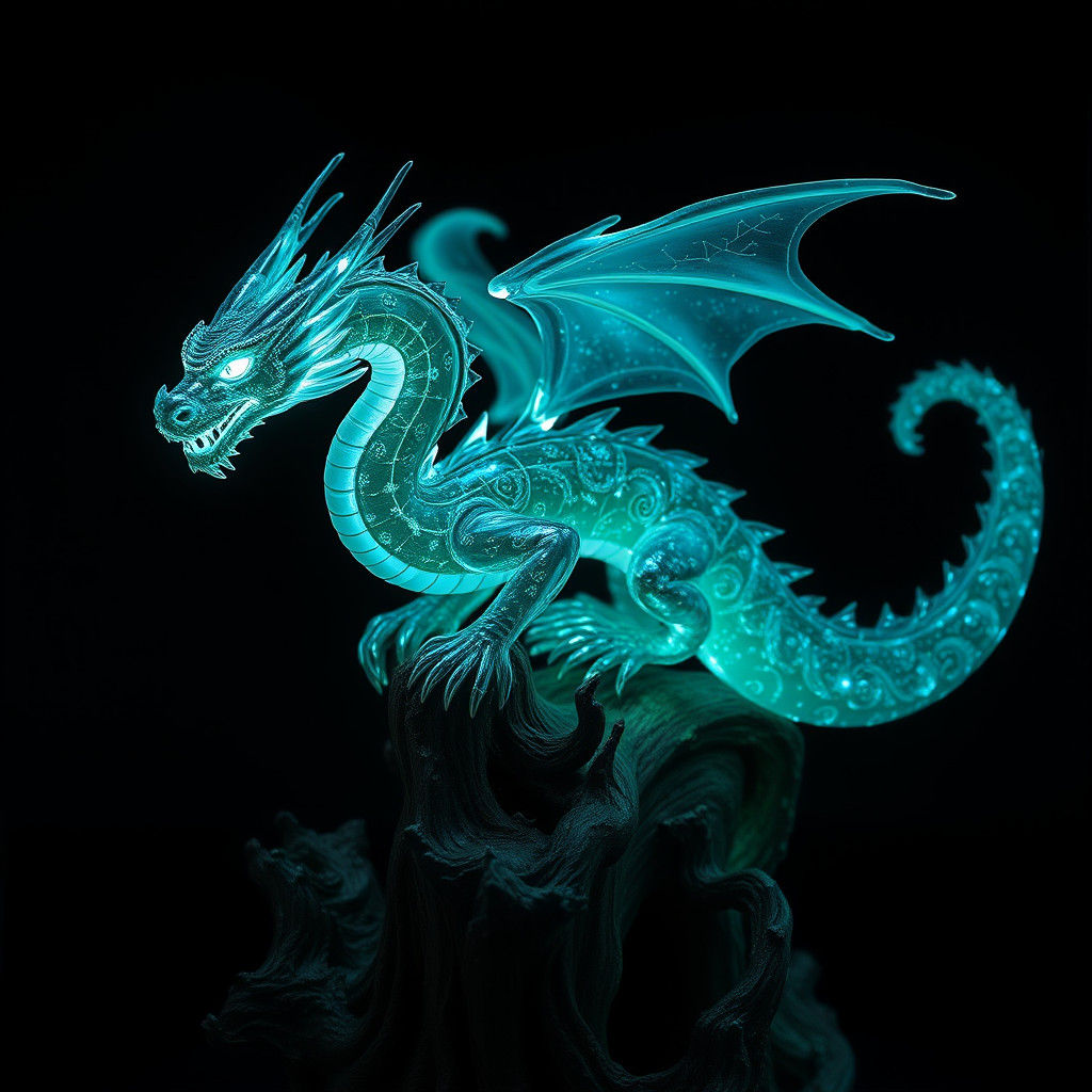 Bioluminescent Glass Dragon on Ancient Tree Stump