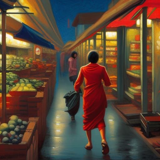 Girl in Market at Dawn: Modern Comic Art