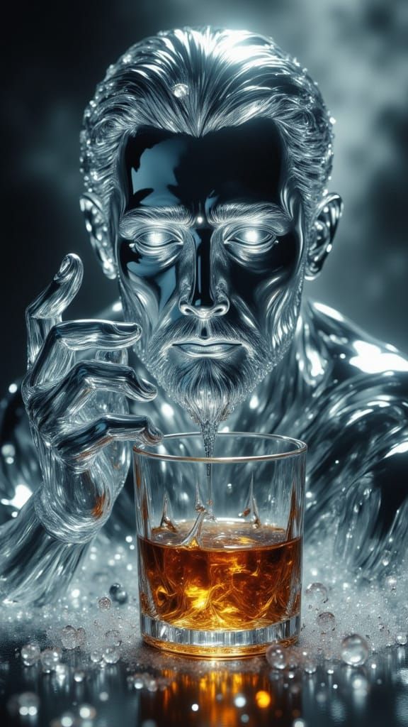 Surreal Glass Statue of Sad Man with Whiskey