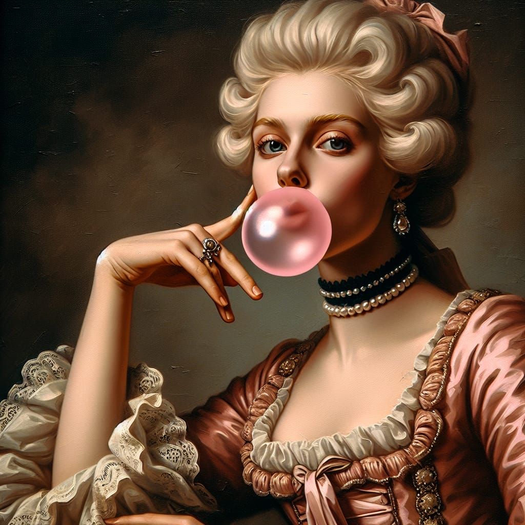 Rococo Lady with Bubblegum Bubble, Oil Painting