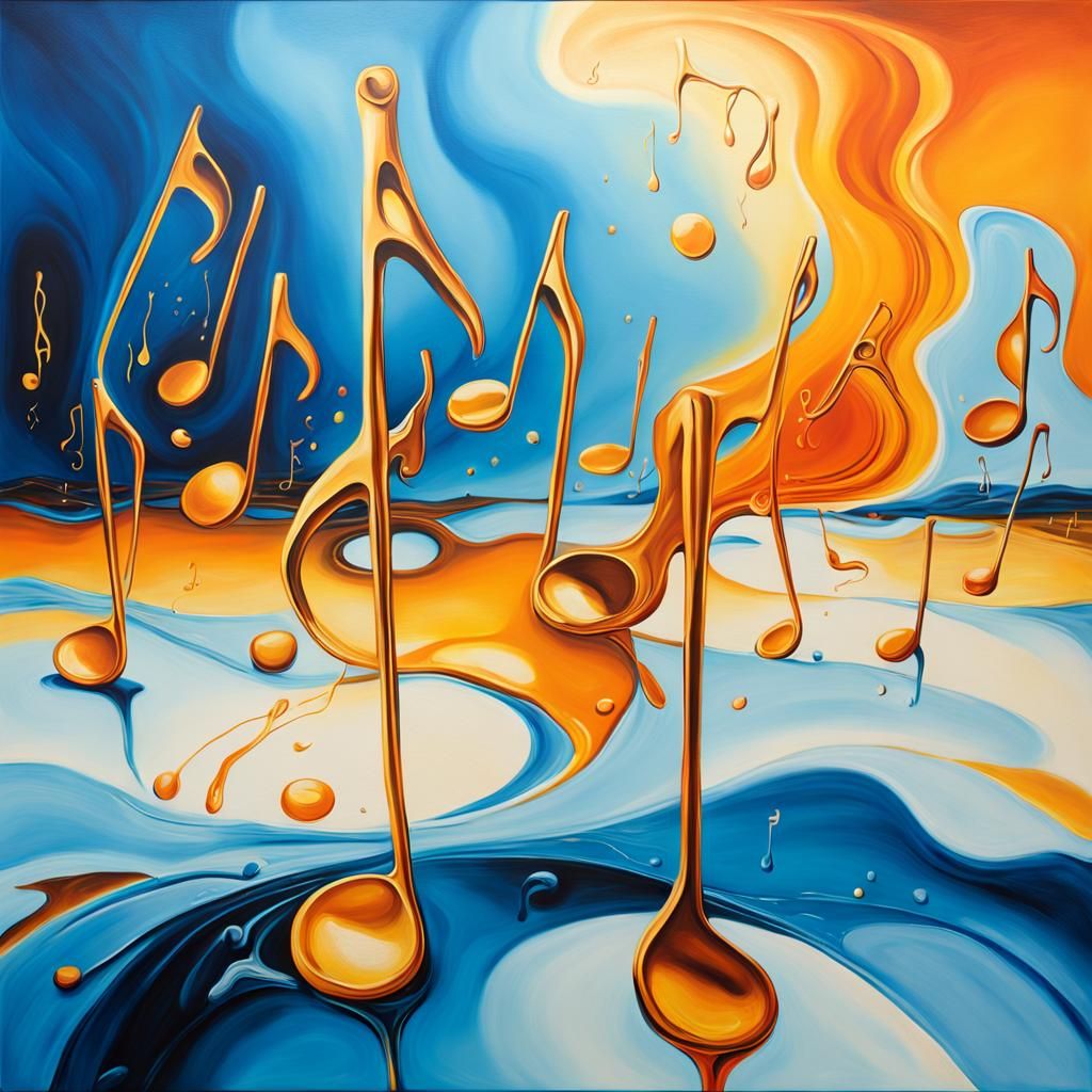 Surreal Melting Music Notes in Dreamlike Oil Painting