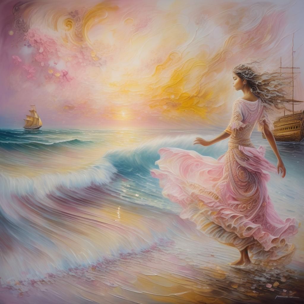 Surreal Beach Dance: Art Nouveau Style Masterpiece