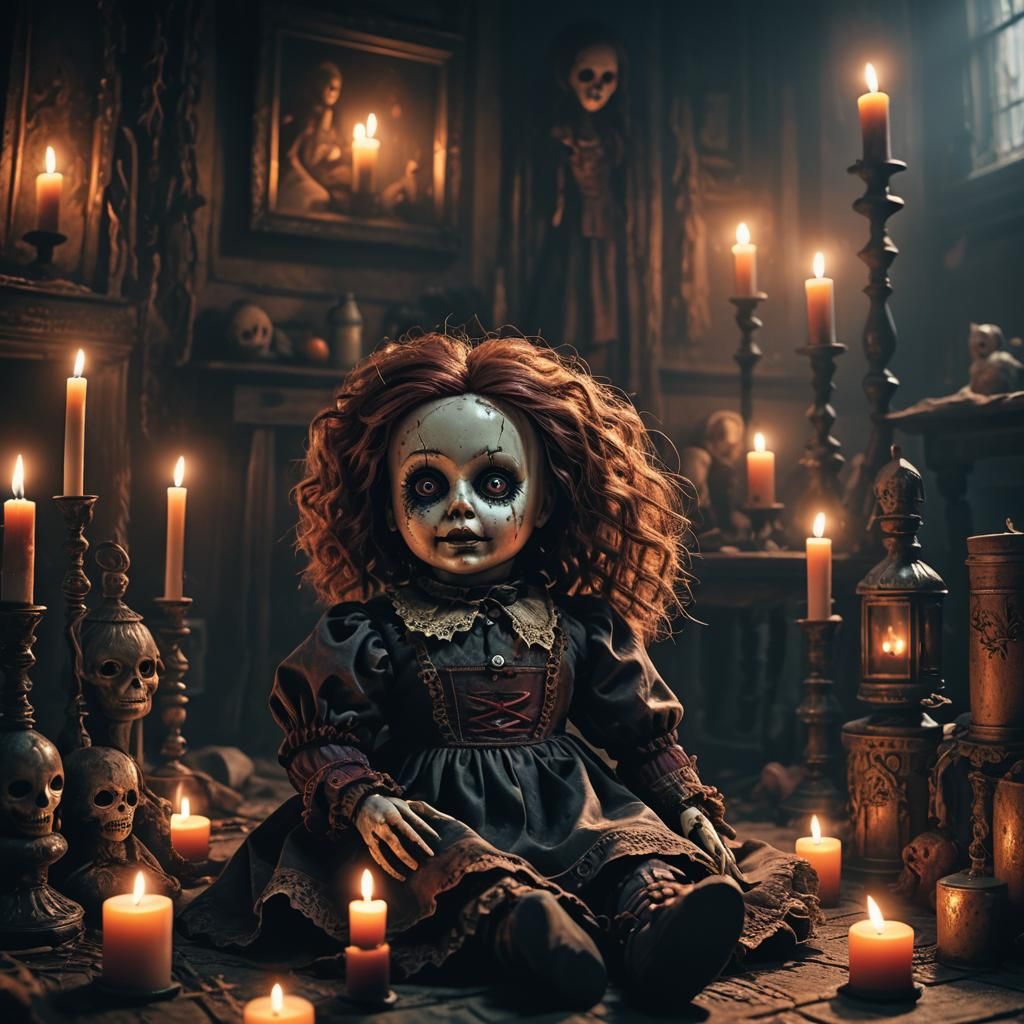 Creepy Cursed Doll in Haunted Room: Fantasy Art