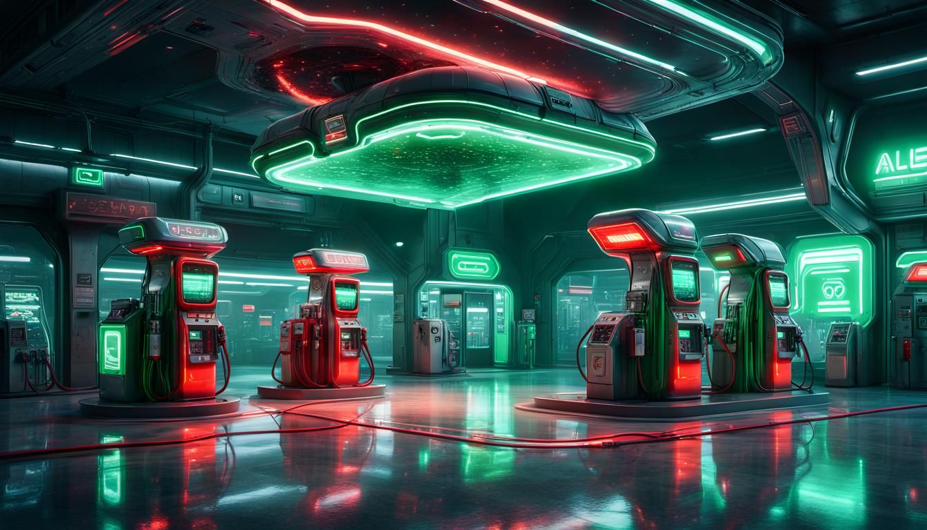 Futuristic Alien Petrol Station with Neon Lights