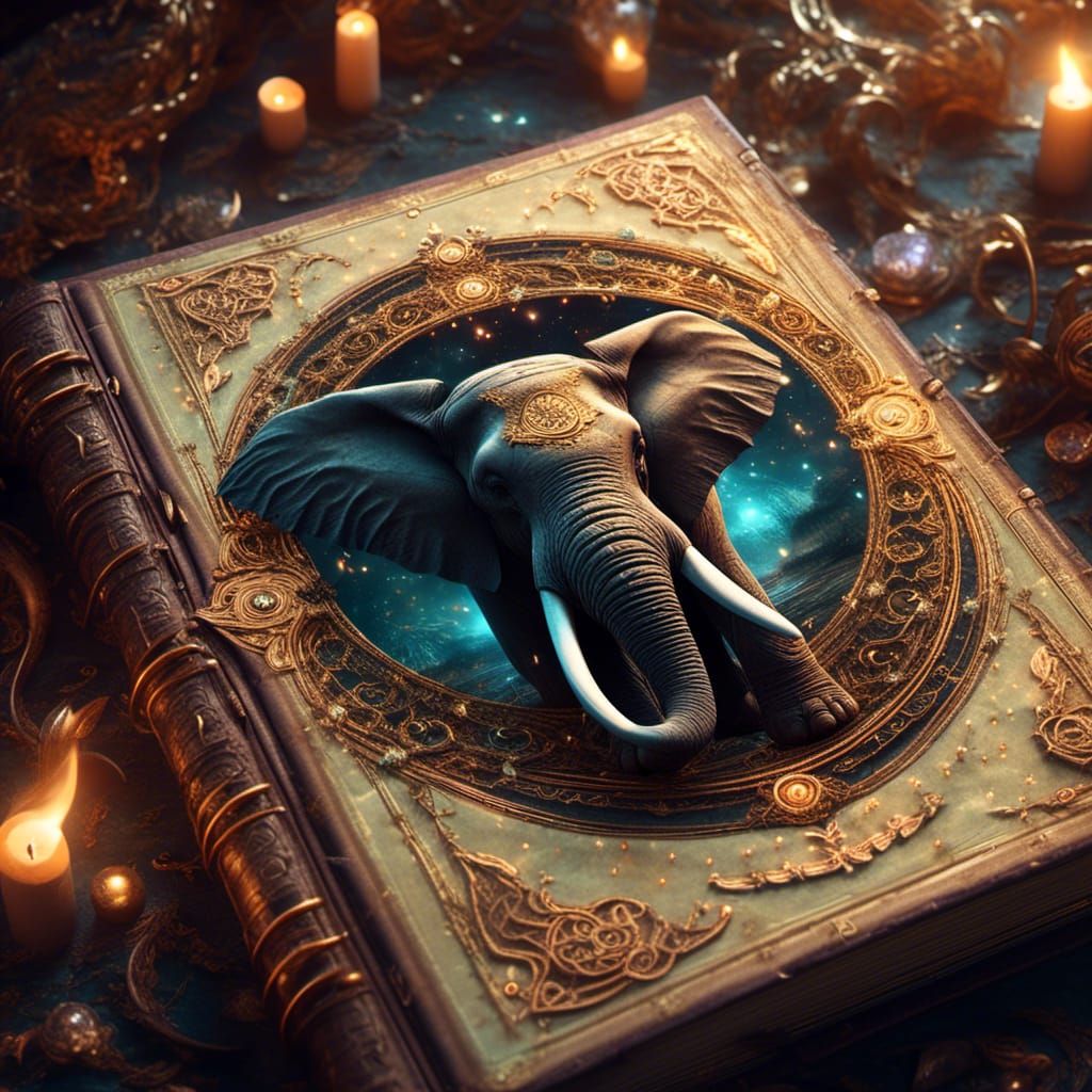 Enchanted Spell Book with Emerging Elephant
