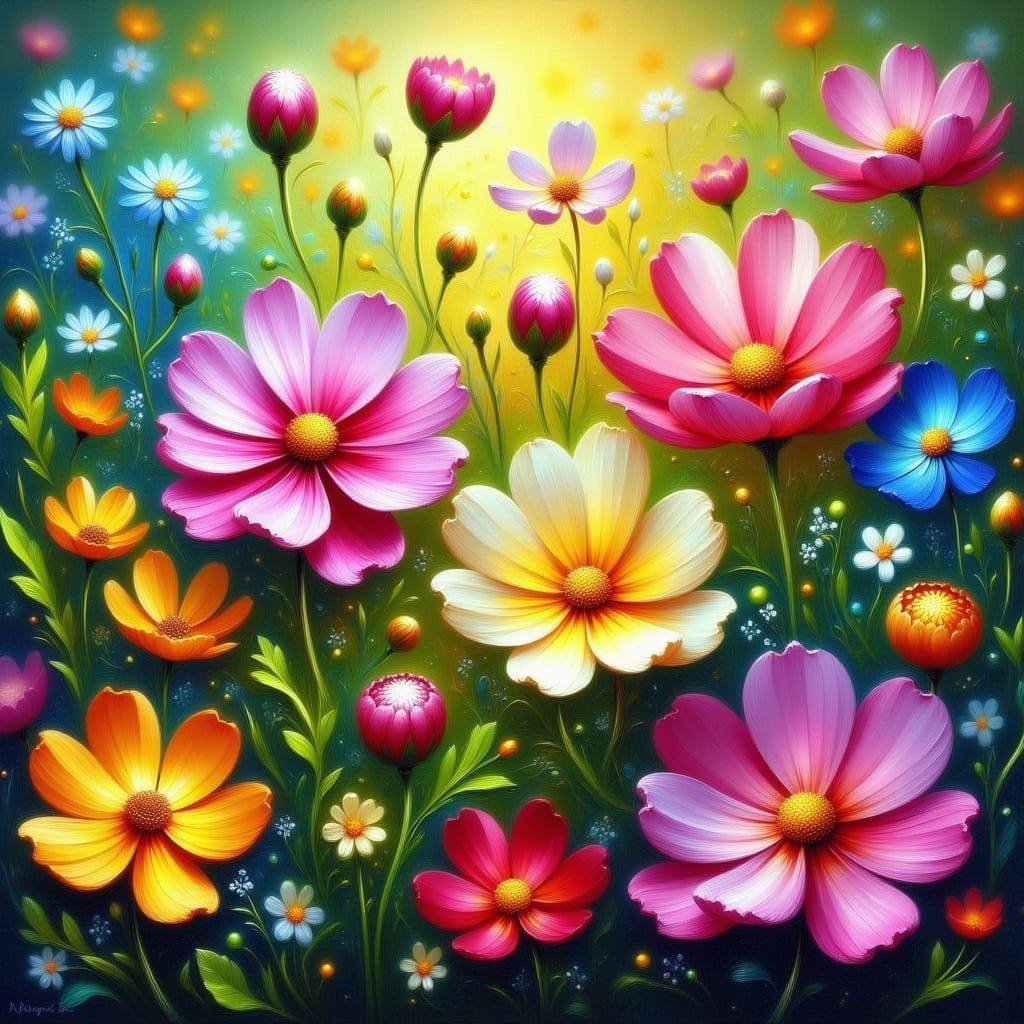 Oil Painting of Beautiful Cosmos Flowers