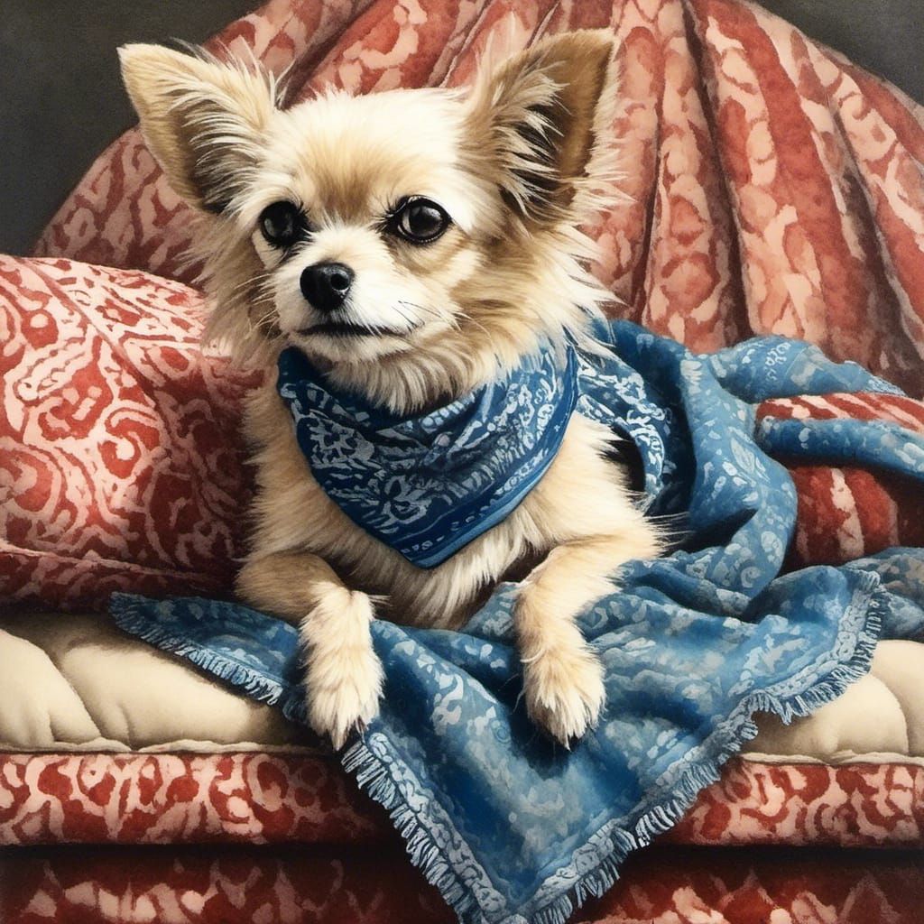 Sleeping Chihuahua in Blue Bandana Ink Painting
