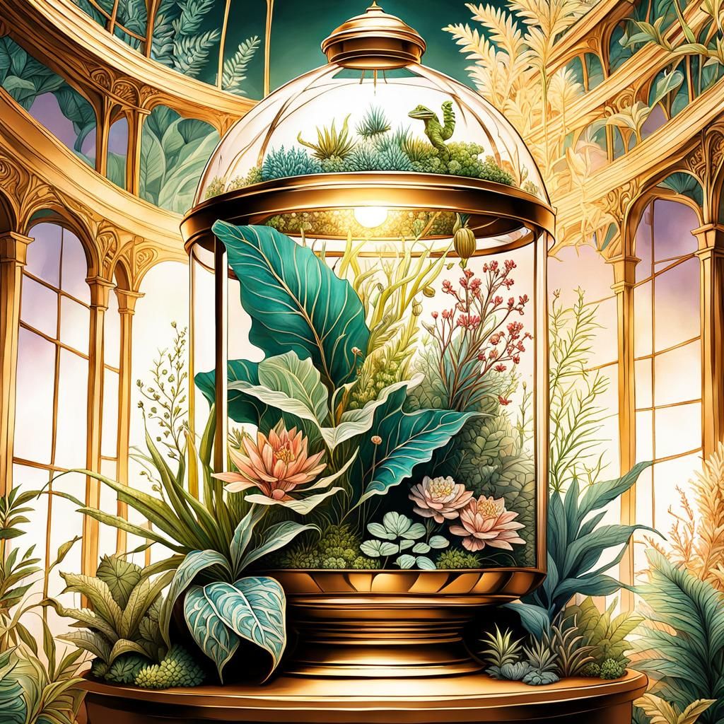 Terrarium Sketch with Lizards and Antique Gold Details