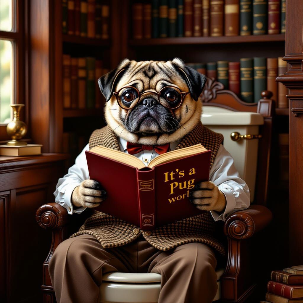 Distinguished Pug Reading in Cozy Nook