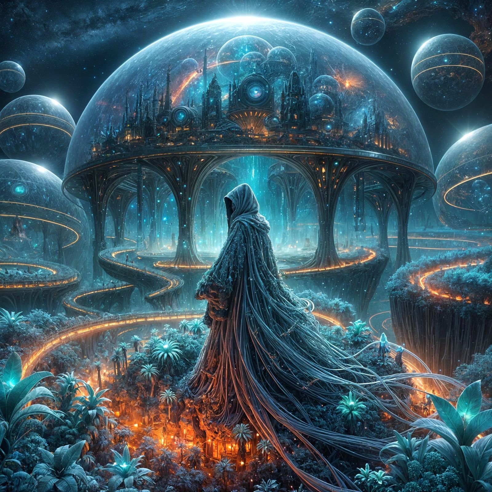 Botanist in Crystalline Observatory Amidst Alien Flora