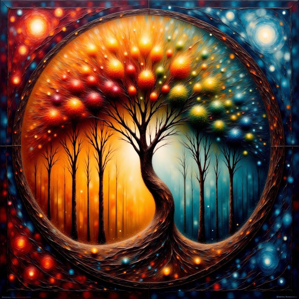 Yin Yang Symbol of Colorful Trees in Art Nouveau Style