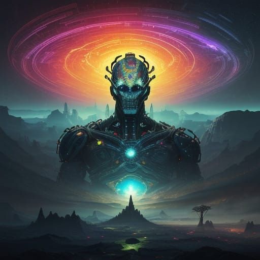 Retro-Futuristic Titan Awakens in a Dreamlike Landscape