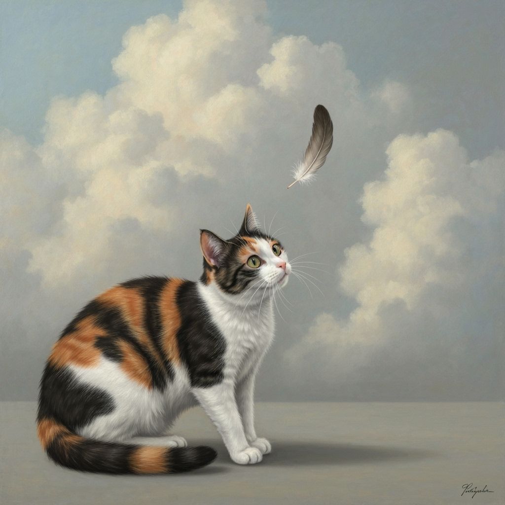 Calico Cat Watches Falling Feather in Vettriano Style