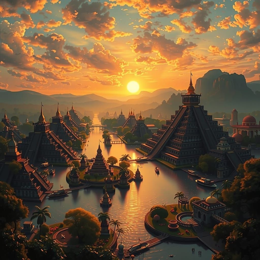 Floating City in Golden Sunrise Light