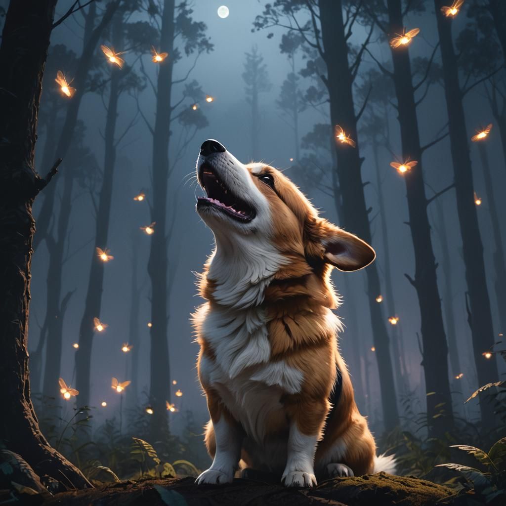 Corgi Howling in Misty Forest: Dark Fantasy Art