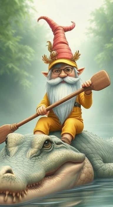Gnome Rides Alligator in Bayou Vista