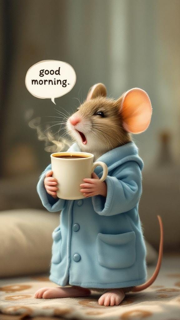 Cute Mouse Yawning with Coffee in Whimsical Style
