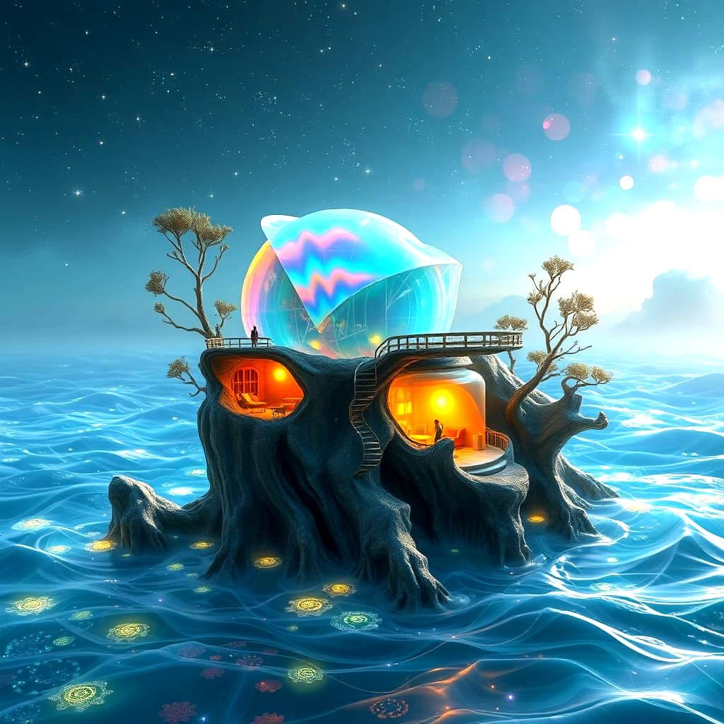 Surreal Oceanic Metropolis on Obsidian Rock