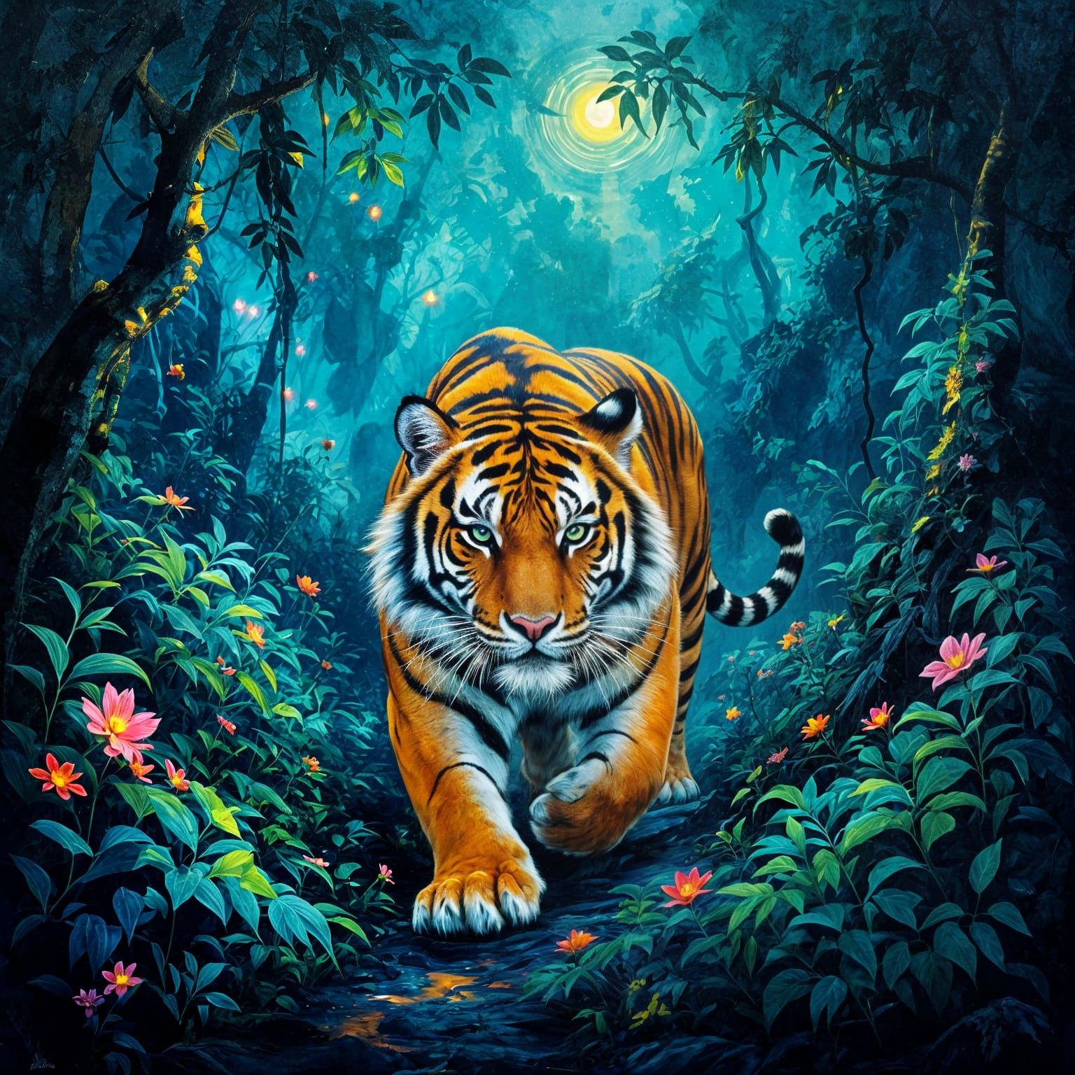 Impasto Tiger in Glowing Alien Jungle at Twilight