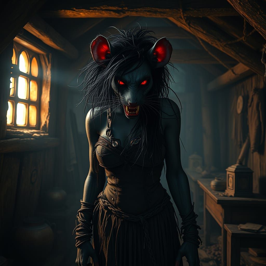 Dark Fantasy Lycanthrope in Medieval Attic
