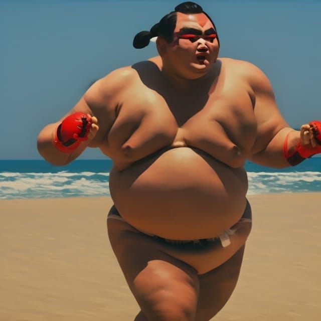 Sumo Wrestler Runs on Tokyo Beach as Oil Painting