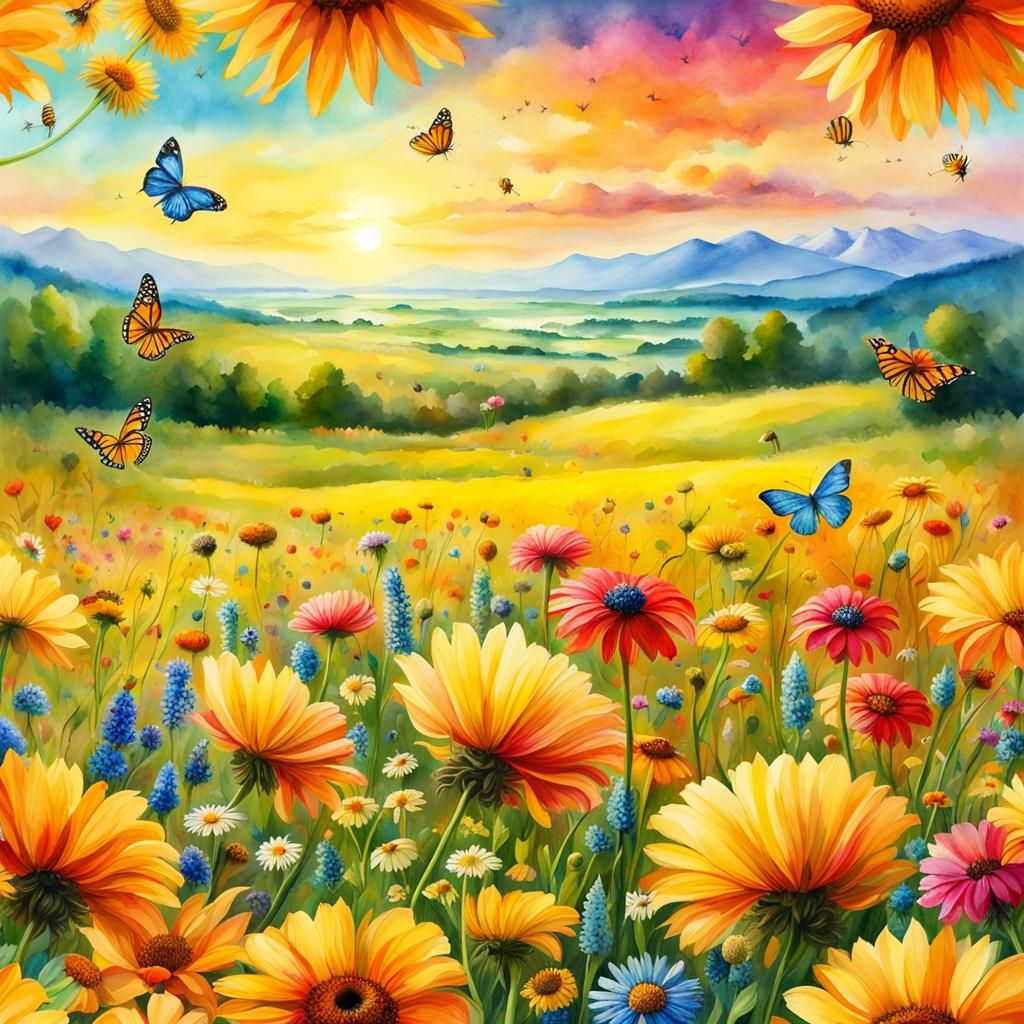 Beautiful Meadow with Bees and Butterflies in Watercolor