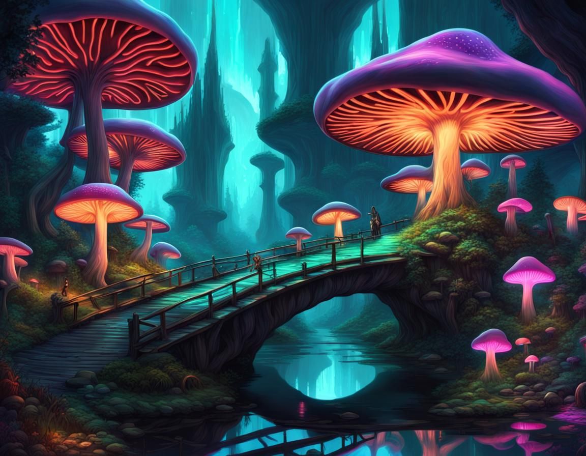 Bioluminescent Mushroom City with Glass Bridges