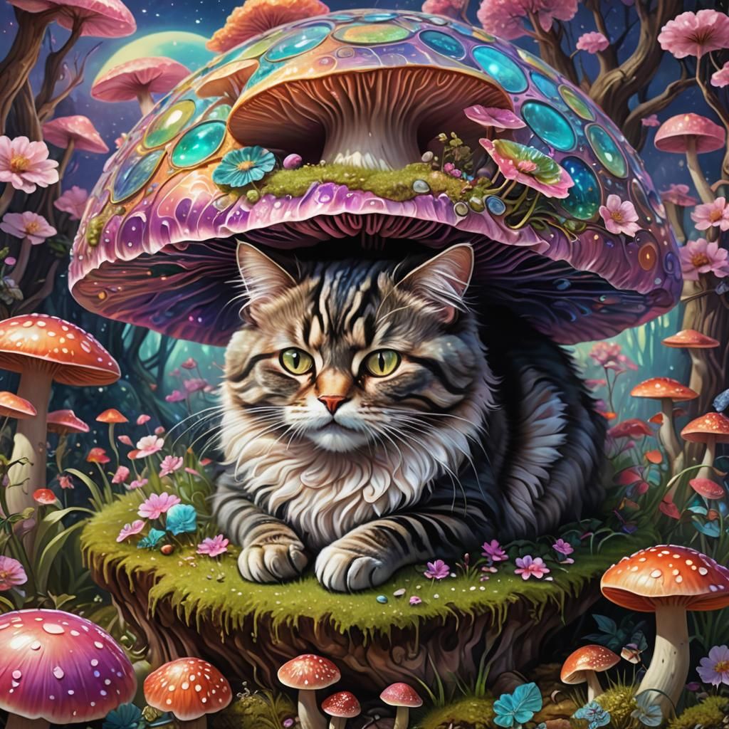 Whimsical sleepy fluffy cat curled up in a ball in deep dream on top a giant mushroom, Pop-surrealist style, featuring a...
