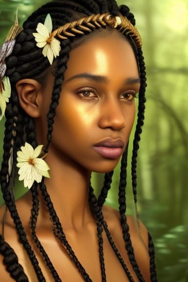 Beautiful Black Elf Woman Portrait in Elvish Forest