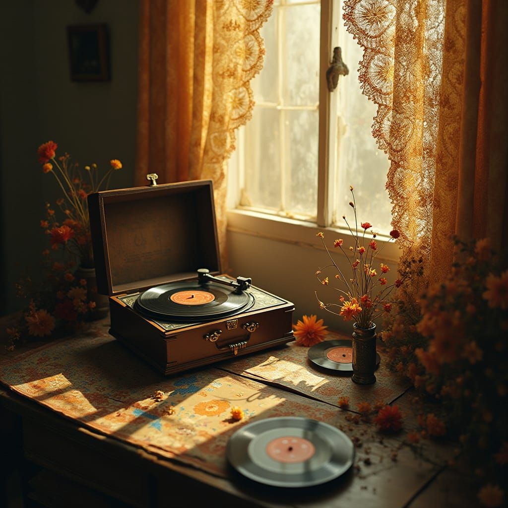 Nostalgic Vintage Record Player in Matte Painting Style
