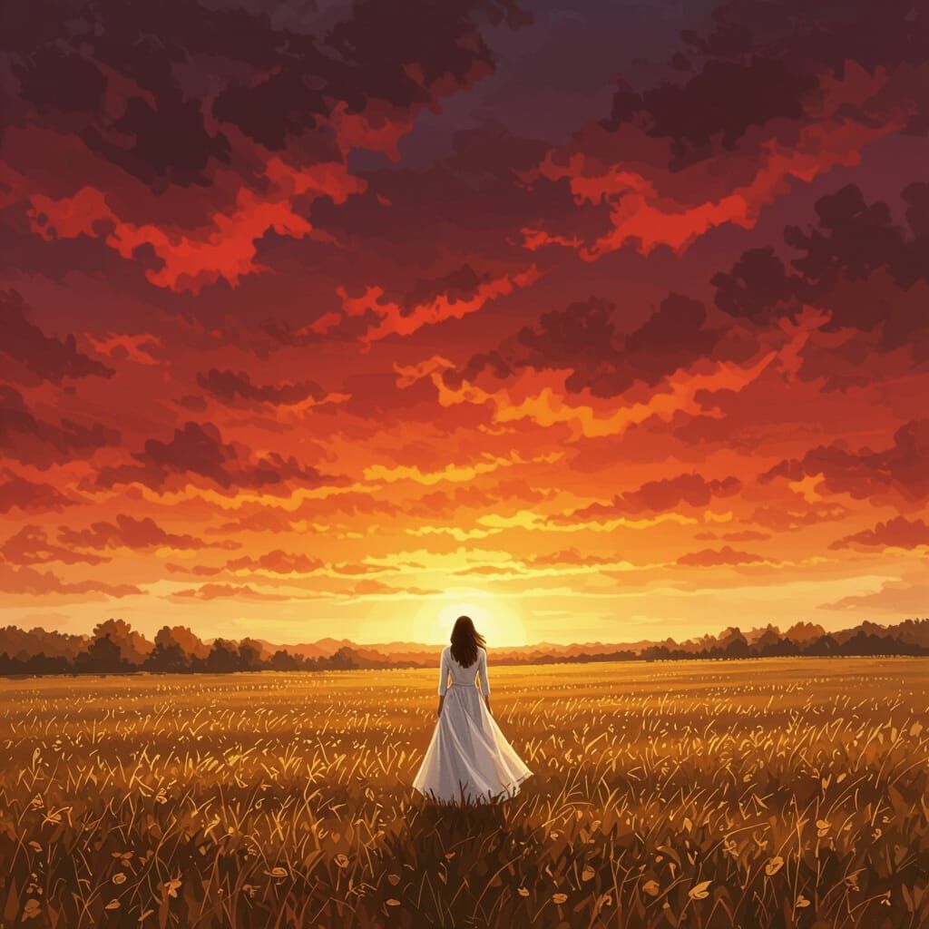 Lone Woman in White Dress Under Ominous Sunset Sky